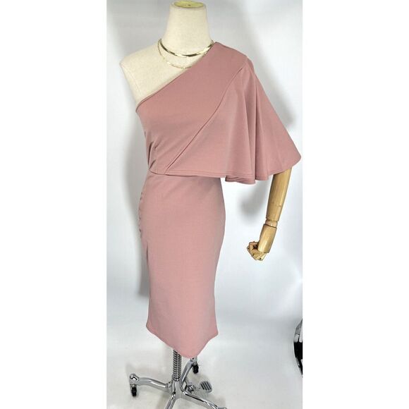 Club L London Size 6 US Pink One Shoulder Drape Sleeve Midi Dress Party - Picture 14 of 14